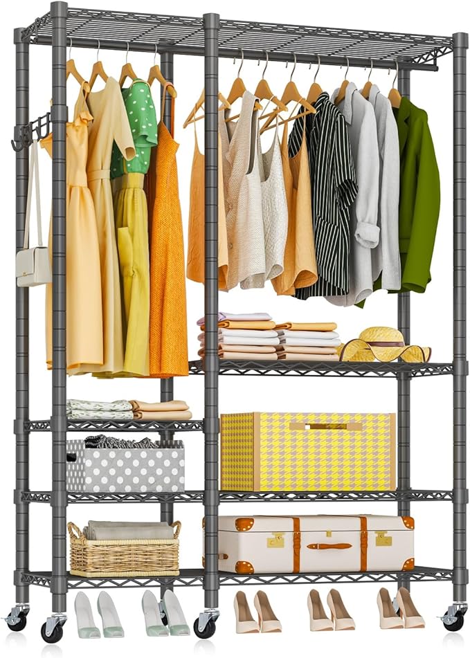 Rolling Clothes Rack, Heavy Duty Garment Rack for Hanging Clothes, Wire Adjustable Rolling Clothing Rack with Lockable Wheels & 2 Hanger Rods, Max Load 850LBS, Black