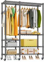 Rolling Clothes Rack, Heavy Duty Garment Rack for Hanging Clothes, Wire Adjustable Rolling Clothing Rack with Lockable Wheels & 2 Hanger Rods, Max Load 850LBS, Black