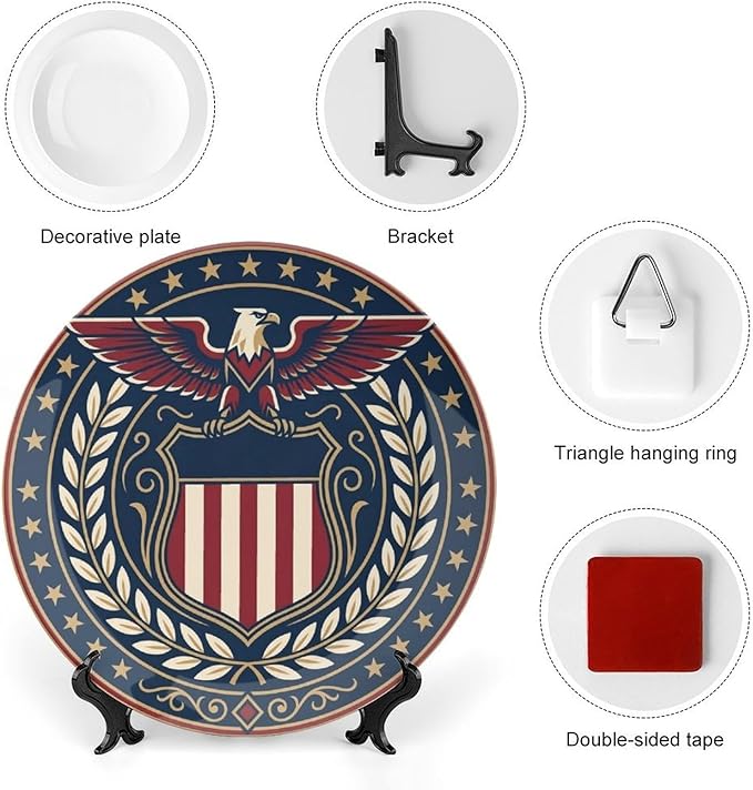 250th Anniversary Decorative Plates 8 Inch Eagle Patriotic Decorations Commemorative Plates with Stand Independence Day 4th of July Veterans Day