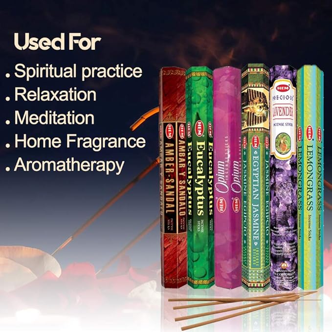 HEM assorted best sellers incense sticks pack of 6 - 120 Sticks, Fragrance - Lemongrass, Lavender, Egyptian Jasmine, Ambar Sandalo, Opium, Eucalyptus