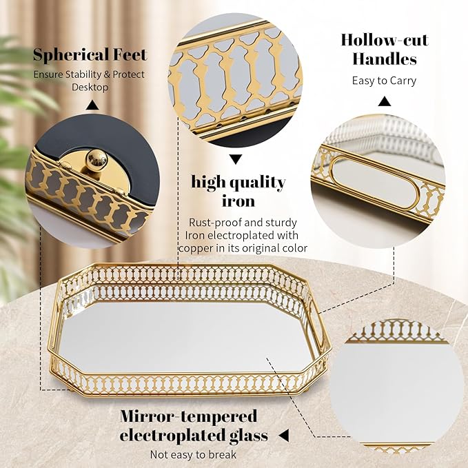 Vintage Gold Mirrored Vanity Mirror Tray Decorative Perfume and Makeup Organizer with Handles for Dresser,Bathroom or Jewelry Display, Decor Home Large Size (Large)
