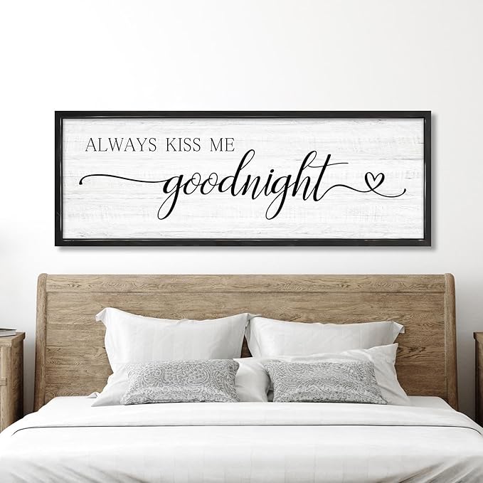 Always Kiss Me Goodnight Wall Sign Above Bed 41.3''×15'' Large Farmhouse Wall Decor for Bedroom Couples Room Decor Framed Wood Wall Art Rustic Master Bedroom Wall Decoration (black frame)