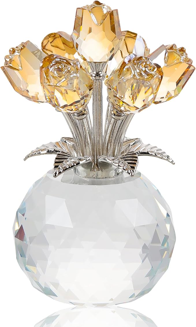 Arikyrist Crystal Gold Rose Bouquet Figurine with Round Vase, Glass Rose Flower Romantic Gifts for Women Mom on Christmas, Collectible Decoration Table Centerpiece for Home