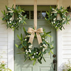 12 Pcs Green Artificial Eucalyptus Swag Wreaths Spring Summer Wreath with White Berries Mini Green Kitchen Cabinet Wreaths with Ribbon for Front Door Porch Wall Window Farmhouse Decoration