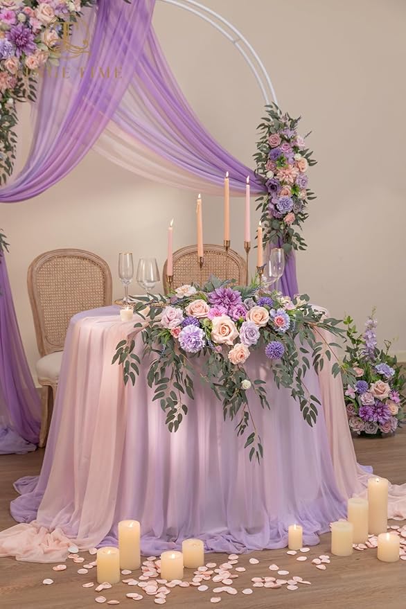 TINGE TIME Artificial Sweetheart Flower Swag with Tablecloth and Table Runner, Pack of 3 Floral Arrangement for Wedding Sweetheart Table Centerpiece Decoration (Violet & Misty Rose)