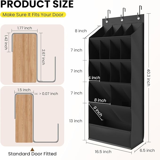 15 Pockets Over the Door Shoe Organizer, Shoe Rack for Closet Door with Large Breathable Pockets, Hanging Shoes Rack for Boots Size, Behind the Door Organizer Shoe Holder for Flexible Storage, Black