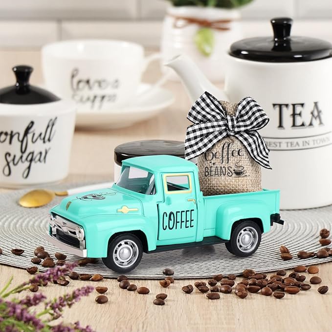 Hxezoc Coffee Decor for Coffee Bar Metal Truck with Coffee Beans Burlap Sack Vintage Pickup Mini Diecast Truck for Farmhouse Coffee Station Home Coffees Bar Tabletop Decorations (Blue)