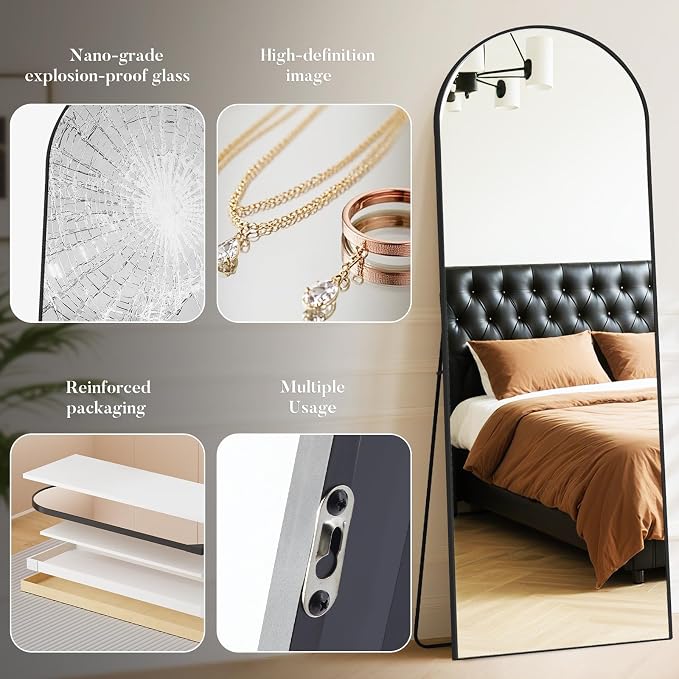 DUMOS Arched Wall-Mounted Full Length Mirror 27"x71" for Bedroom, Full Body Floor Mirror with Stand, Hanging or Leaning for Wall, Black