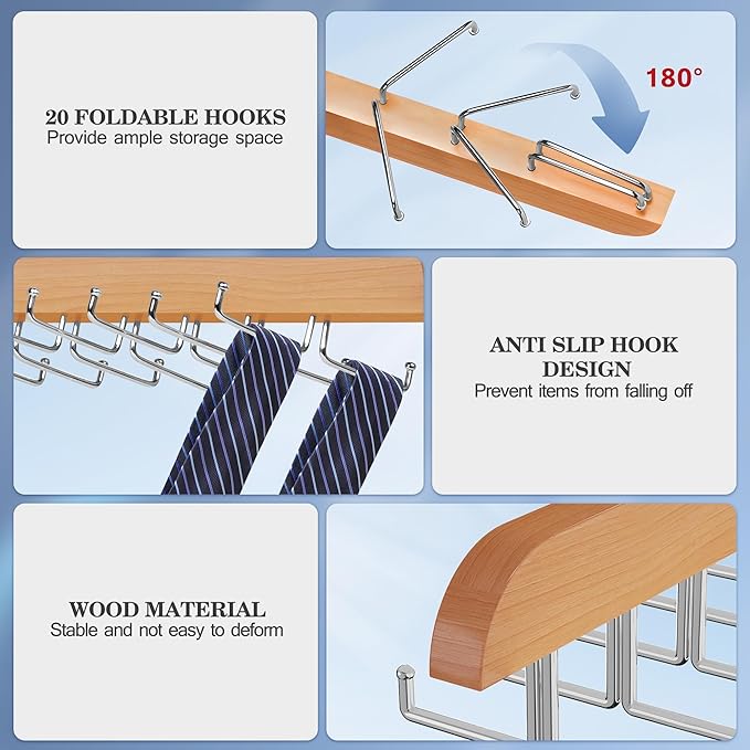 Tie Rack Hanger for Closet 20 Foldable Hooks, 1 Pack Wooden Non Slip Large Capacity Space Saving Tie and Belt Organizer with 360°Rotating Hooks for Tank Tops Bras Scarves Hat