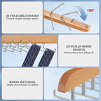 Tie Rack Hanger for Closet 20 Foldable Hooks, 1 Pack Wooden Non Slip Large Capacity Space Saving Tie and Belt Organizer with 360°Rotating Hooks for Tank Tops Bras Scarves Hat