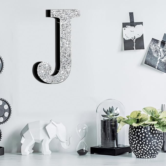 Qunclay 12'' Silver Crystal Diamond Bling Letters Crushed Diamond Decoration Wooden Glitter Letter with Screw and Hooks Rhinestone Gift for Wedding Y2k Mcbling Bedroom Wall Decor (Letter J)