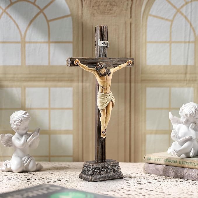 Magicsculp 10.8" H Jesus Crucifix Statue - Resin Standing Wall Cross Decoration, Praying Religious Figurine Jesus Christ Catholic Display, Hanging or Tabletop with Stand for Home Decor