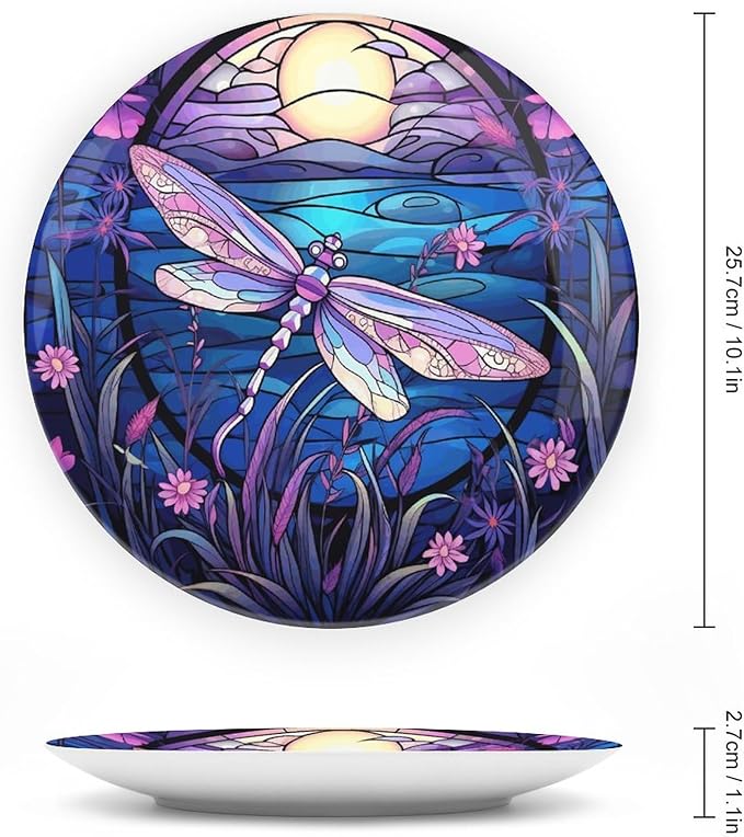 Bright Color Dragonfly Purple Stained Glass Print Decorative Plates Home Decor Ceramic Plates, Dinner Plates Display for Kitchen, Hallway Console Side Table, Presents for Dragonfly Lover, 10 Inch