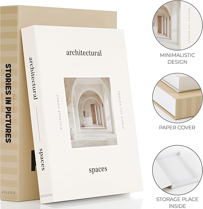 Beautiful Decorative Books - Set of 2 Boxes Enhance Your Coffee Table, Bookshelf or Mantel Decor - Aesthetic Fake/Faux Books for Modern Home Decoration, Photo Storage and as a Keepsake Box