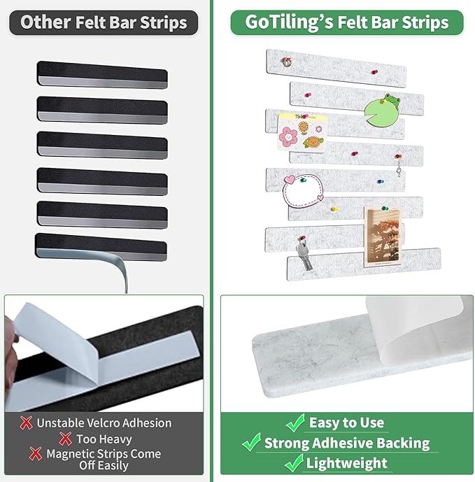 Cork Board for Walls - 8 Pack Felt Pin Board Bar Strips - Self-Adhesive Lightweight Bulletin Board - Cork Board for Office with 40 Push Pins No Damage for Wall (Light Grey)