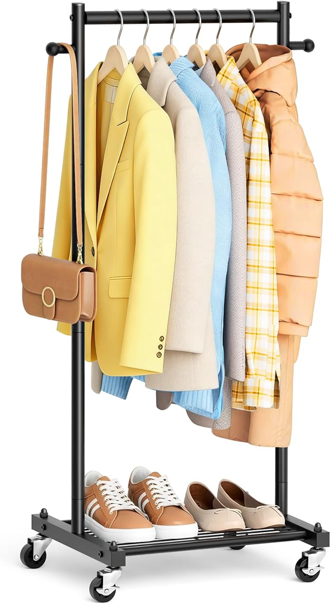 MISSLO Small Clothing Racks for Hanging Clothes 45" Short Clothes Rack with Shelves Metal Rolling Garment Rack with Wheels for Small Space, Closet, Wardrobe, Adults & Kids, Black