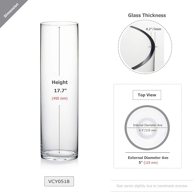 WGV Cylinder Vase Bulk, Diameter 5", Height 18", Clear Glass Floral Planter Container, Tall Centerpiece Arrangement for Wedding Party Event Home Office Decor, 6 Pieces