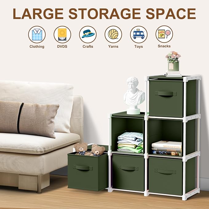 6 Cube Storage Organizer with Shelf Back to School Boxes 11 Inch Toy Storage Bins Closet Organizers Drawers Fabric Dresser for Playroom Books Bedroom Dorm Kitchen (Dark Green)