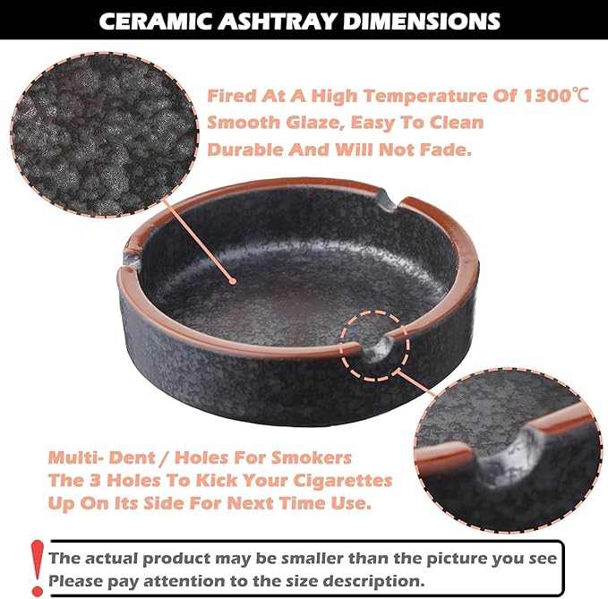 Ceramic Ashtray Stylish Indoor & Outdoor Cigarette Ashtray for Home, Coffee Bars, and Patios，Lava Dazzling Black