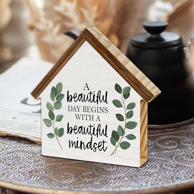 Motivational Positive Quotes Decor, Minimalist Eucalyptus House Shaped Wooden Block Sign, Inspirational Office Home Decor for Desk Table Shelf