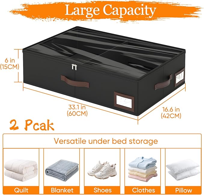 OIAHOMY 2 Pack Under Bed Storage, 6 Inch High Under Bed Storage Containers with Adjustable Dividers, Dual Zippers, &Clear Lid, 38L Under Bed Drawers For Clothes, Blankets, Clothing, & Shoes, Black