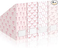 AmazingSpark Set of 4 Pink Bow Magazine File Holder Decorative Foldable Cardboard Magazine Storage Boxes with Acrylic Label Holders Coquettish Boho Organizer for Office Home Organization Storage