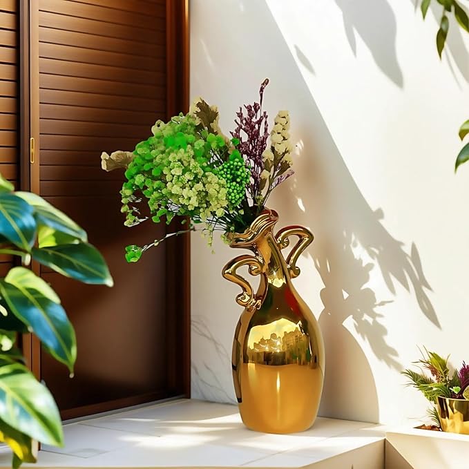 Golden Ceramic Small Necked Vase, A Novel and Cute Unique Shaped Vases, 7-Inch Modern Home Decoration Vase, Can Be Used As A Golden Home Decoration for Dining Tables, Bookcases and Desks