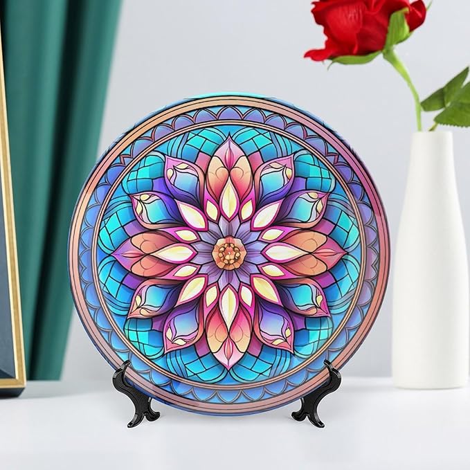 Decorative Plates, Morocco Floral Watercolor Stained Glass Print Ceramic Dinner Plate Home Wobble-Plate with Display Stand, Wall Hanging Decor for Kitchen Household 10 Inch, Gifts for Family Friends