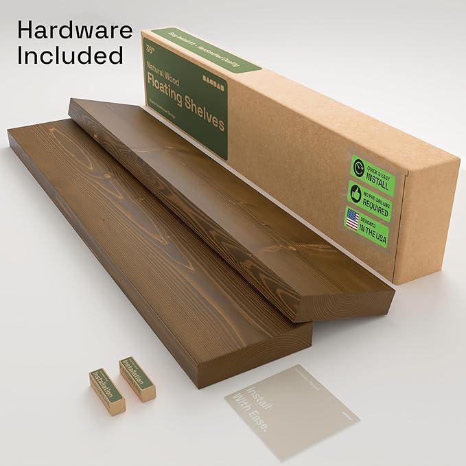 BAOBAB WORKSHOP Solid Wood Floating Shelves for Wall 36 Inches Long, Heavy Duty Wall Shelf for Bedroom 36 Inch Large, Real Wooden Bathroom Shelf Kitchen Rustic, Walnut Shelves, 36W × 6.7D, Set of 2