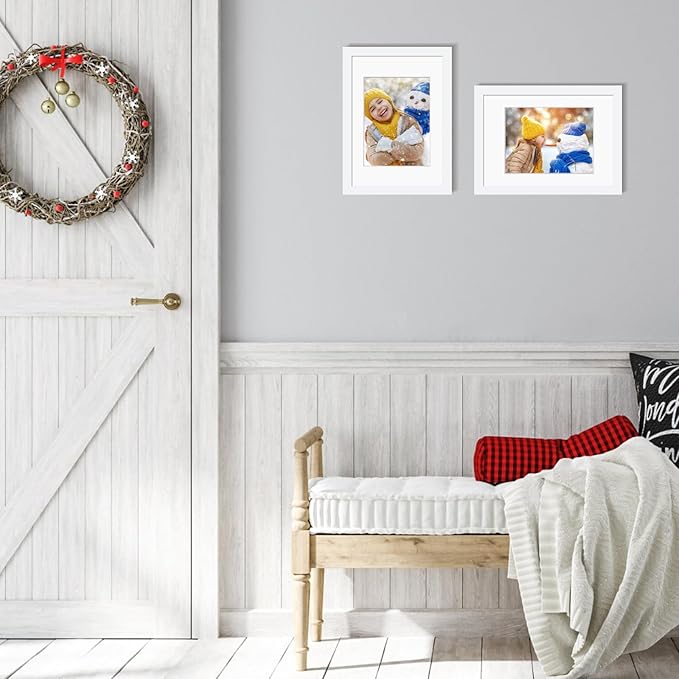 Egofine A4 Picture Frames Set of 4, Made of Solid Wood Covered by Plexiglass 5x7 and 6x8 with Mat or A4 whitout Mat, for Table Top Display and Wall Mounting Photo Frame White