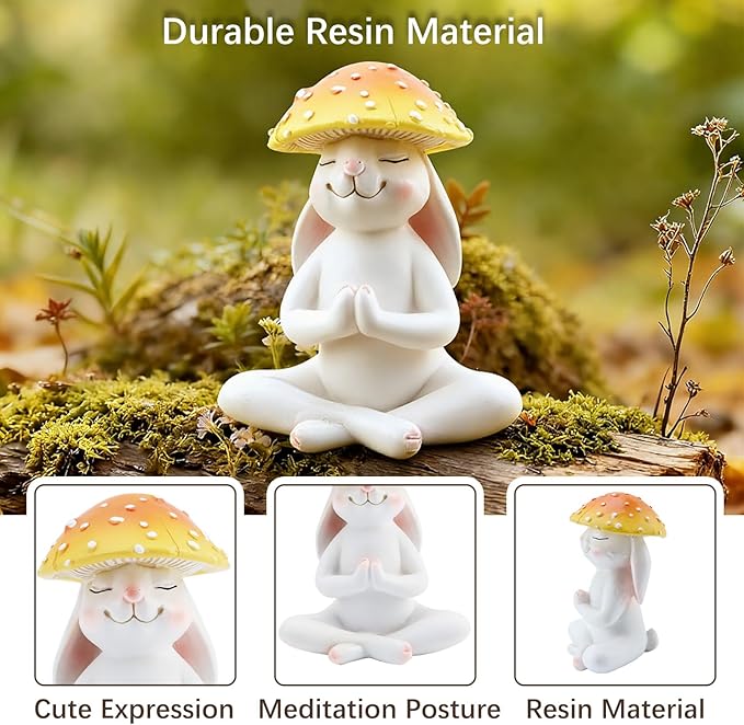 Meditation Mushroom Resin Statues – Cute Yoga Mushroom Figurines for Desk, Home, Office & Garden Decor – Zen Resin Sculptures for Living Room, Patio, Tabletop & Backyard (1 Pack, Rabbit)