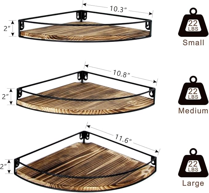 Corner Shelf Wall Mounted, Set of 3 Corner Floating Shelves with Cord Hole and Guardrail for Cable Box, Baby Monitor Pet Cameras, Speaker, Nursery Kitchen Living Room Bathroom, Dark Brown