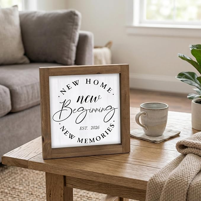 Wooden New Home New Beginnings New Memories Sign, 2026 House Warming Gifts Ideas for Homeowner, Apartment Housewarming Decorations for Indoor Table Shelf Wall Art Tiered Tray Mantel Entryway