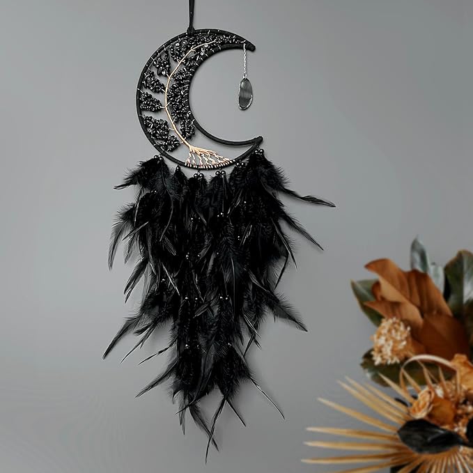 Moon Dream Catchers with Chakra Gemstone Agate Stone, Crystal Tree Life Dream Catchers Wall Hangings Room Decor (Black)