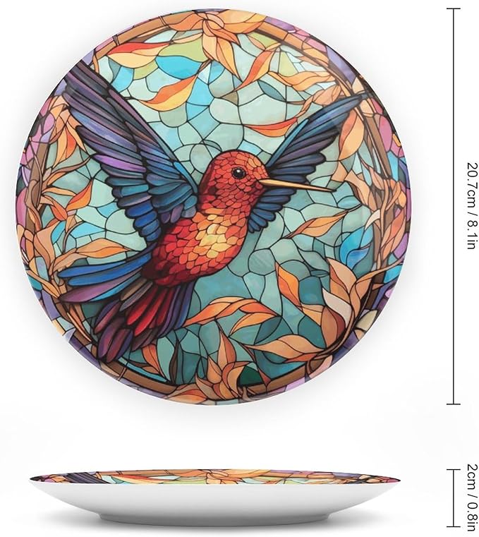 Colorful Stained Glass Design Hummingbird Decorative Plates Home Decor Ceramic Plates, Dinner Plates Display for Kitchen, Hallway Console Side Table, Presents for Hummingbird Lovers, 8 Inch