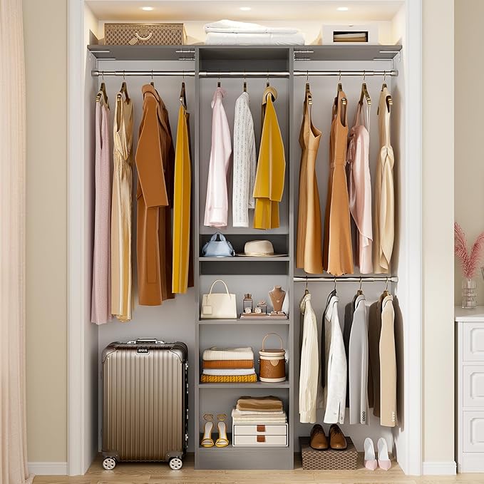 48" Closet Organizer System, 4FT Closet System for Small Closets with 4 Hanging Rods & 3 Shelves, 80"H Small Closet Organizers and Storage for Bedrooms, Cloakrooms, Gray