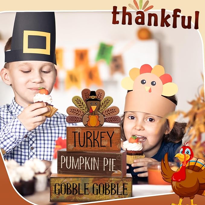 Lineshading 4 Pcs Thanksgiving Decorations for Home Wooden Turkey Decor Fall Tiered Tray Decor Thanksgiving Table Centerpiece Rustic Wooden Turkey Block Sign for Autumn Harvest Party Kitchen Shelf