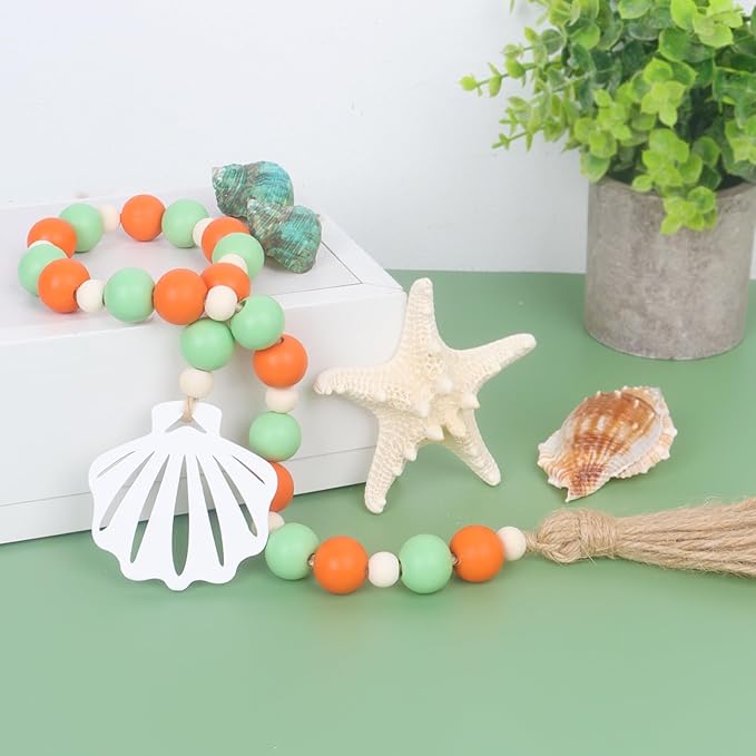 Meplait Wood Bead Garland, Coastal Tassel Garland with Shell Tag Beach Farmhouse Decor for Tiered Tray Table Centerpiece Wall Home Decoration