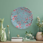 Japanese Spring Theme Decorative Ceramic Plate Round Porcelain Plate,Sakura Tree Branches Pattern,for Decorative Ornaments Giving Plates, 1 Plate with 1 Display Stand,Blue Pink,6 inch