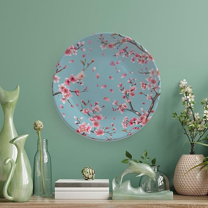 Japanese Spring Theme Decorative Ceramic Plate Round Porcelain Plate,Sakura Tree Branches Pattern,for Decorative Ornaments Giving Plates, 1 Plate with 1 Display Stand,Blue Pink,8 inch