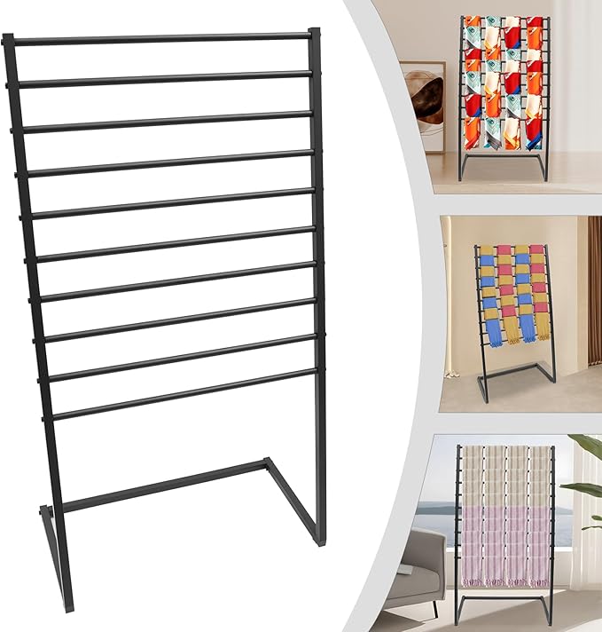 Scarf Display Stand, 10 Tier Metal Scarf Holder Organizer, Freestanding Scarf Rack, for Hanging Towels, Scarves, Clothes, Shawls, Blankets, Bandana, for Commercial Clothing Retail Store (Black)