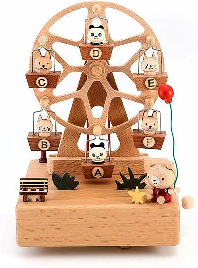 Natural Solid Wood Handcrafted Beech Wooden, Musical FigureTotoro/Carousel/Fairy/Ballerina Figurine,Rotating Hand Crank Mechanism Music Box,Musical Decorations (Skywheel)