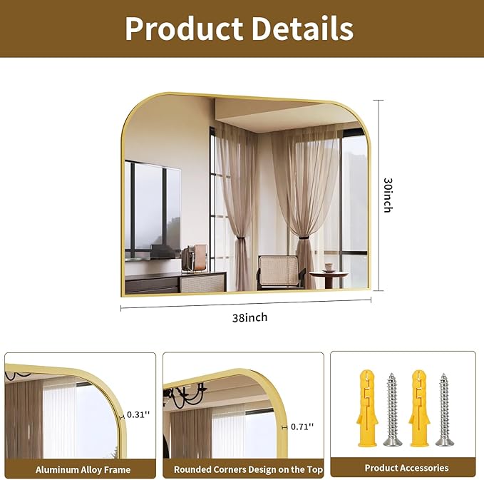 Gold Wall Mounted Bathroom Mirror - 38 x 30 Inch Round Cruved Top Right Angle Bottom Wide Wall Mirror, Aluminum Metal Framed, Decor for Living Room, Bedroom, Fireplace, Mantle, Entryway