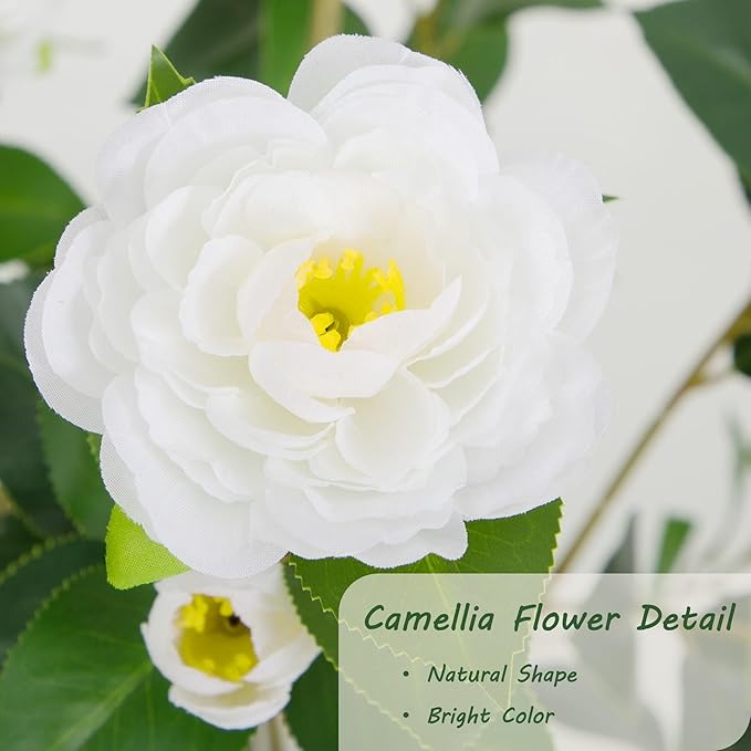 Bellacat 5ft Artificial Camellia Tree with Silk White Flowers, 60in Faux Camellia Plant with Lifelike Trunk, Fake Flower Tree Potted Front Door Plants for Porch Patio Deck Living Room Decor, 2Pack