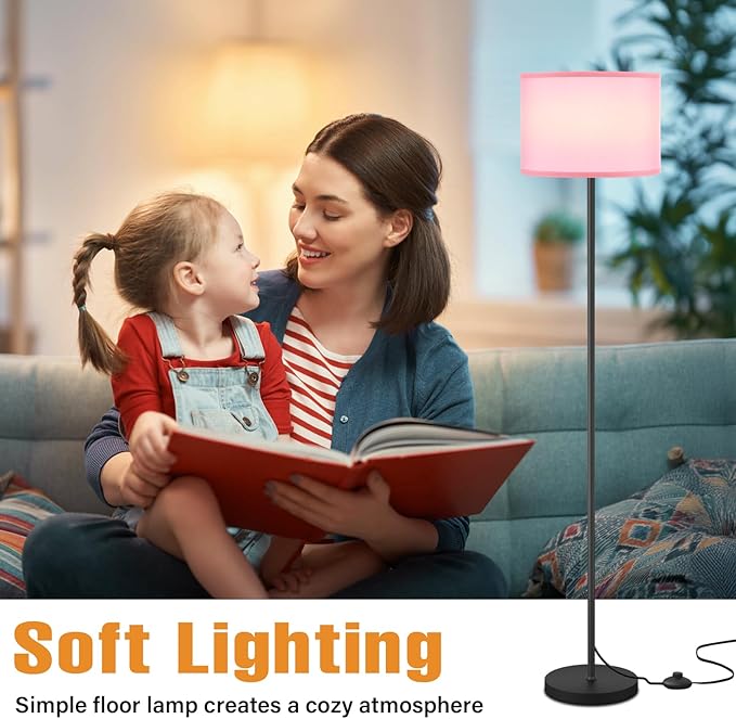 Ambimall 60'' Modern Floor Lamp with Shade, Tall Lamps for Living Room, Bedroom, Office, Dining Room, Pink Shade with Black Pole(Without Bulb)