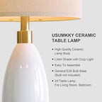 USumkky 24" White Oval Ceramic Table Lamp Set of 2, Modern Minimalist Bedside Nightstand Lamps for Bedroom Living Room, Linen Shade & Gold Metal Base, Rotary Switch E26 (Bulbs Excluded)