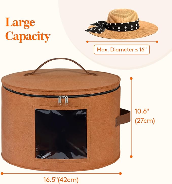 Lifewit Round Cowboy Hat Box for 7 Caps, Large Felt Hat Organizer Bag for Men&Women Storage, Baseball Cap Container with Lid for Travel, Foldable 16.5" Dx10.6 H Carrier, 37L Each, Brown 2 Pack