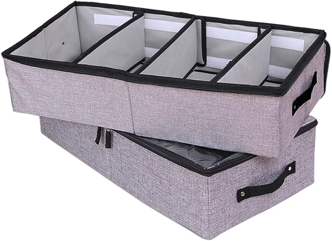 AARAINBOW Foldable Under Bed Clothes Organizer with Lid, Fabric Underbed Storage Container with Adjustable Dividers, Long UnderBed Storage Bins with Handles, Clear Shoes Storage Under Bed (2 Gray)