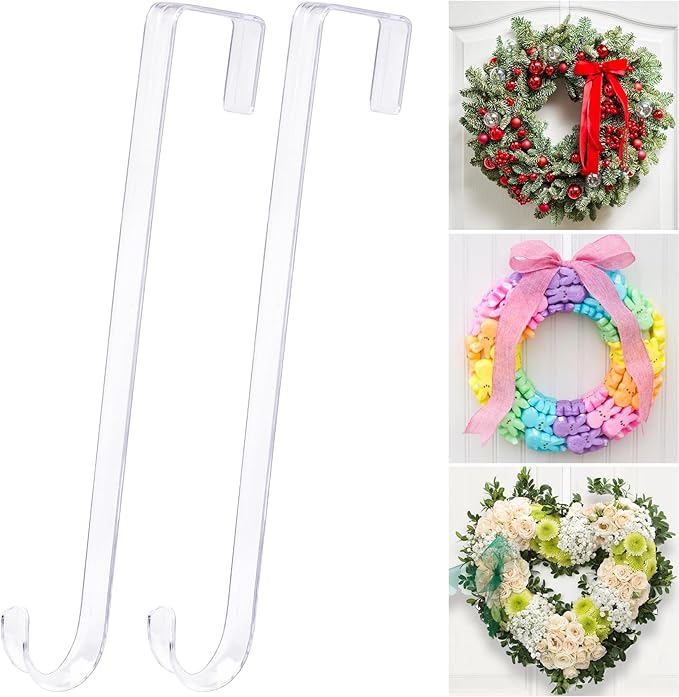 12" Clear Wreath-Hanger Non Scratch Over The Door Hooks,2 Pack Easter Halloween Christmas Decoration Welcome Sign for Front Doors Décor Inside Outside,Slim Hangers Organizer for Home