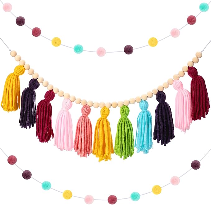 Syhood 3 Pcs Boho Tassel Garland Wall Hanging Decor 1 Boho Tassel Garland with Wood Beads and 2 Western Colorful Pom Pom Ball for Classroom Party Wedding Baby Shower Home Decorations(Fresh Colors)